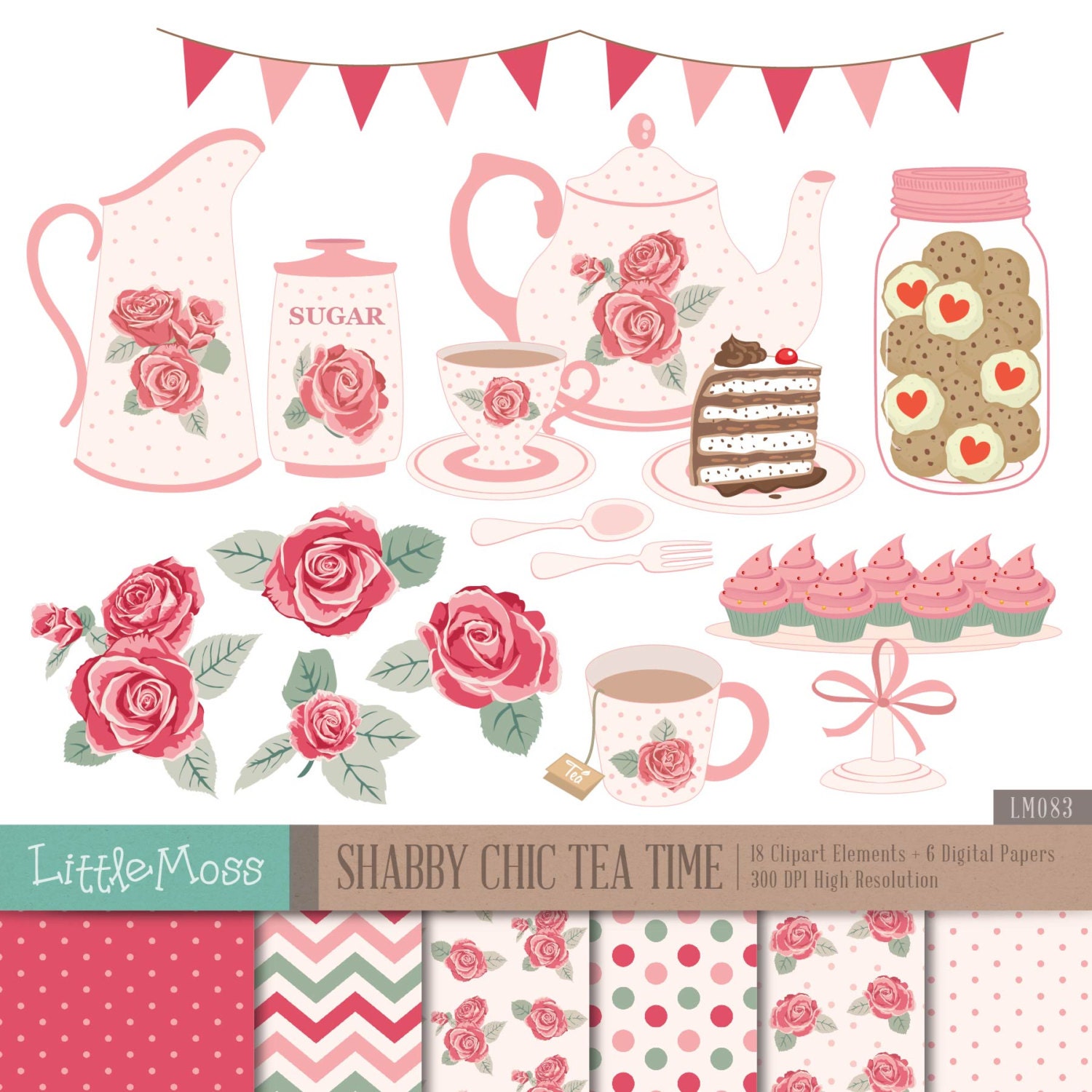 Shabby Chic Tea Time Digital Clipart, Shabby Chic Papers, Tea Party Clipart, Rose Clipart, Teapot Clipart, Tea Set, Cupcake, Cookies Jar