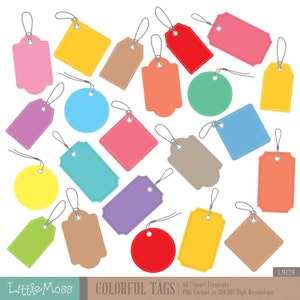 May include: A set of 20 colorful printable gift tags in various shapes and sizes. The tags are perfect for adding a personal touch to gifts, favors, or crafts.