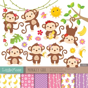 May include: A set of 28 digital clipart images featuring cute monkey girls with flowers and bananas. The set also includes 10 digital papers with various patterns, including pink flowers, purple polka dots, and pink vines.