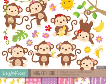 Monkey Girl Digital Clipart and Papers, Monkey Clipart