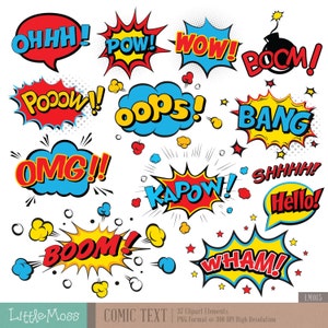 May include: A set of 13 colorful comic book speech bubbles with various phrases like "POW!" "BOOM!" "WHAM!" and "OMG!"  These are great for adding a fun and dynamic touch to your projects.