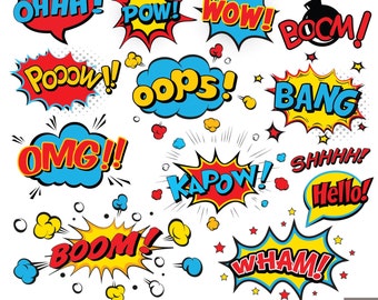 Superheld Pop Art Clipart: Comic Textblasen (PNG Digital Download)
