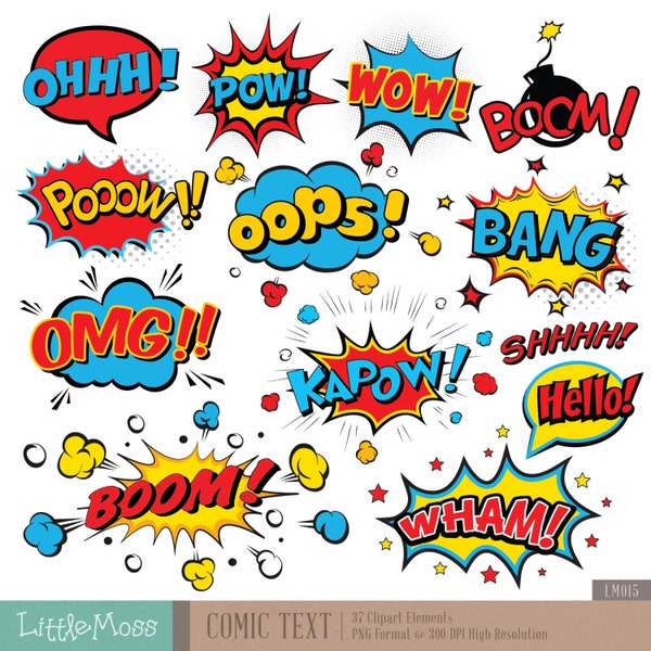 Comic Text Digital Clipart, Superhero Text Clipart, Superheroes Pop Art Text and Bubbles Clipart