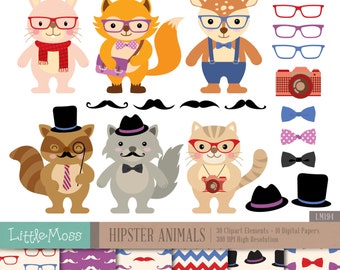 Hipster animals Digital Clipart and Papers