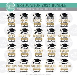 May include: A set of 20 graduation 2023 SVG cut files featuring a black graduation cap and gold stars. The text reads "Proud [relationship] of a class of 2023 Graduate".  The relationships include: Dad, Mum, Uncle, Aunt, Grandpa, Son, Daughter, Brother, Sister, Grandma, Family, Nephew, Cousin, Niece, Friend, Parents, Stepmum, Stepdad, Boyfriend, and Girlfriend.