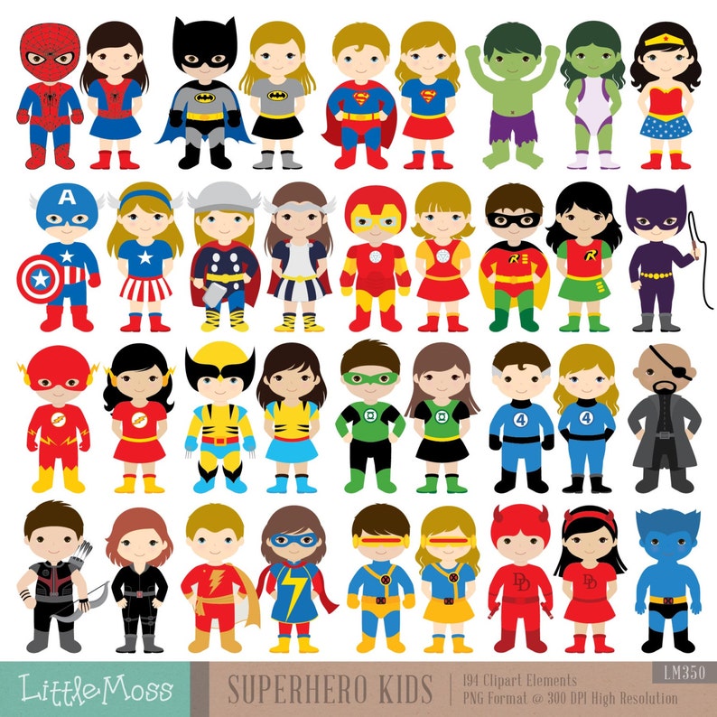 36 Kids Superhero Clipart, Superheroes Kids Clipart, Superheroes Clipart, Super Hero Clipart, Superhero Boys, Superhero Girls image 1