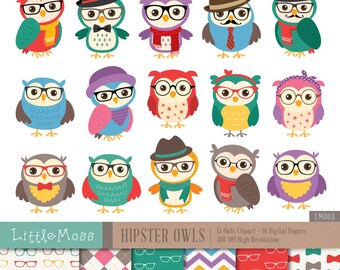 Hipster Eulen digitale ClipArts und Papiere