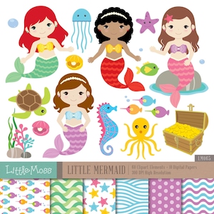 Little Mermaids Digital Clipart and Papers, Under the Sea Clipart