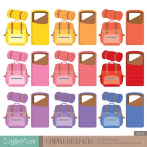 May include: Set of 48 camping backpack and sleeping bag clipart elements in various colors, including yellow, orange, pink, red, purple, and blue.  LM101.  PNG Format @ 300 DPI High Resolution.