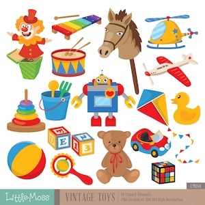 Puede incluir: Un conjunto de 18 ilustraciones de juguetes vintage, que incluyen un payaso, un caballo de balancín, un robot de juguete, un tambor de juguete, un cubo y una pala de juguete, un avión de juguete, un helicóptero de juguete, un coche de juguete, un oso de peluche de juguete, un xilófono de juguete, un anillo de apilamiento de juguete, un sonajero de juguete, una cometa de juguete, un pato de juguete, una pelota de juguete y un cubo de Rubik de juguete.