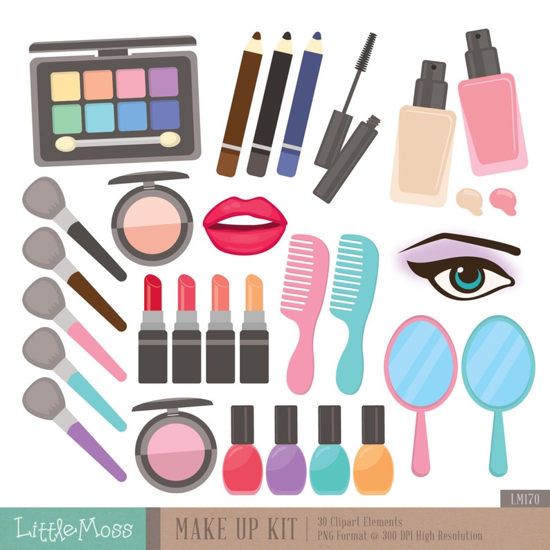 May include: A set of 30 makeup clipart elements, including brushes, lipsticks, eyeshadow palettes, nail polish, combs, and mirrors. The clipart is in a cartoon style and features bright colors.