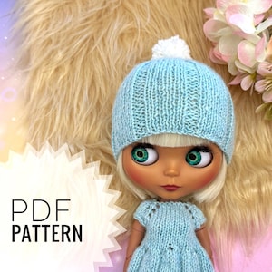 PDF pom-pom hat knitting pattern for Blythe doll, beanie cap tutorial, DIY elastic hat