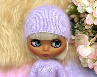 Knitting pattern basic hat for Blythe, easy dolls beanie hat pattern, fluffy bonnet pdf