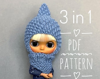 PDF-Strickanleitung für eine Zwergenmütze, Blythe-Puppen-Pixie-Haube, dicke Strickmütze, Mütze- und Schlauchschal-Set, 3-in-1-Mütze, Schal und Schlauchschal