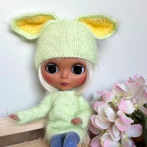 Modello per cappello da coniglio lavorato a maglia Blythe, cappello con orecchie per bambola, cappello da coniglio per bambola da 12 pollici, modello pasquale