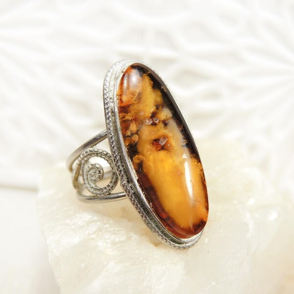 Vintage Silver Amber Ring - Filigree Amber Ring - Soviet Jewelry - Big Amber Baltic stone ring Size 10