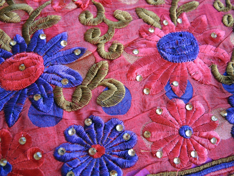 Embroidered Indian Silk Fabric with lining Bright flowers cloth
