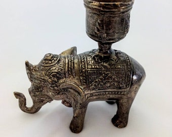 Silver-Plated Elephant Candle Holder, Vintage Brass Lucky Trunk-Up Elephant, Boho Eclectic Decor