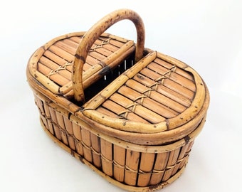 Vintage Bamboo Picnic Basket, Sewing Basket, Fancy Easter Basket, Gift Basket, Market Basket, Cottagecore