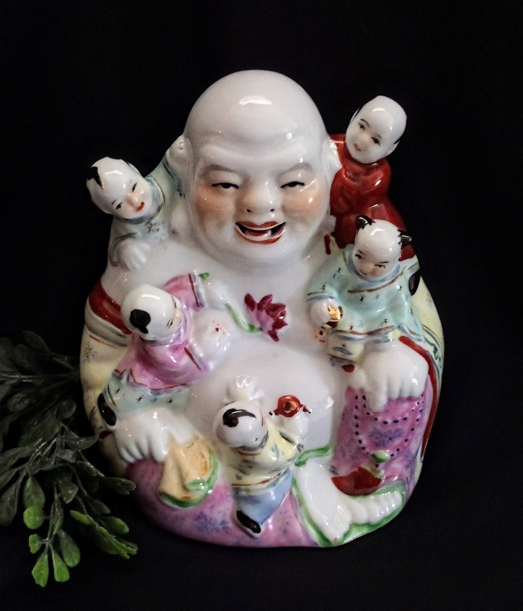 Vintage Laughing Buddha With Children, Porcelain Famille Rose 5.5