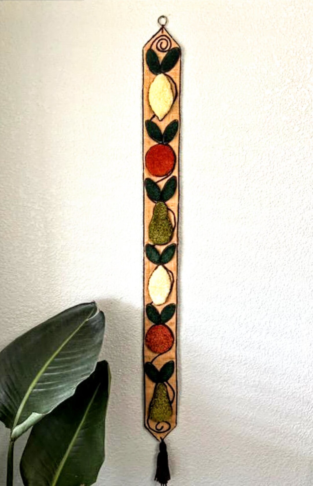 1970's Latch Hook Rya Rug Wall Hanging, Fruit Hooked Rug on Burlap Wall