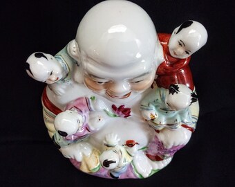 Vintage Laughing Buddha With Children, Porcelain Famille Rose 5.5