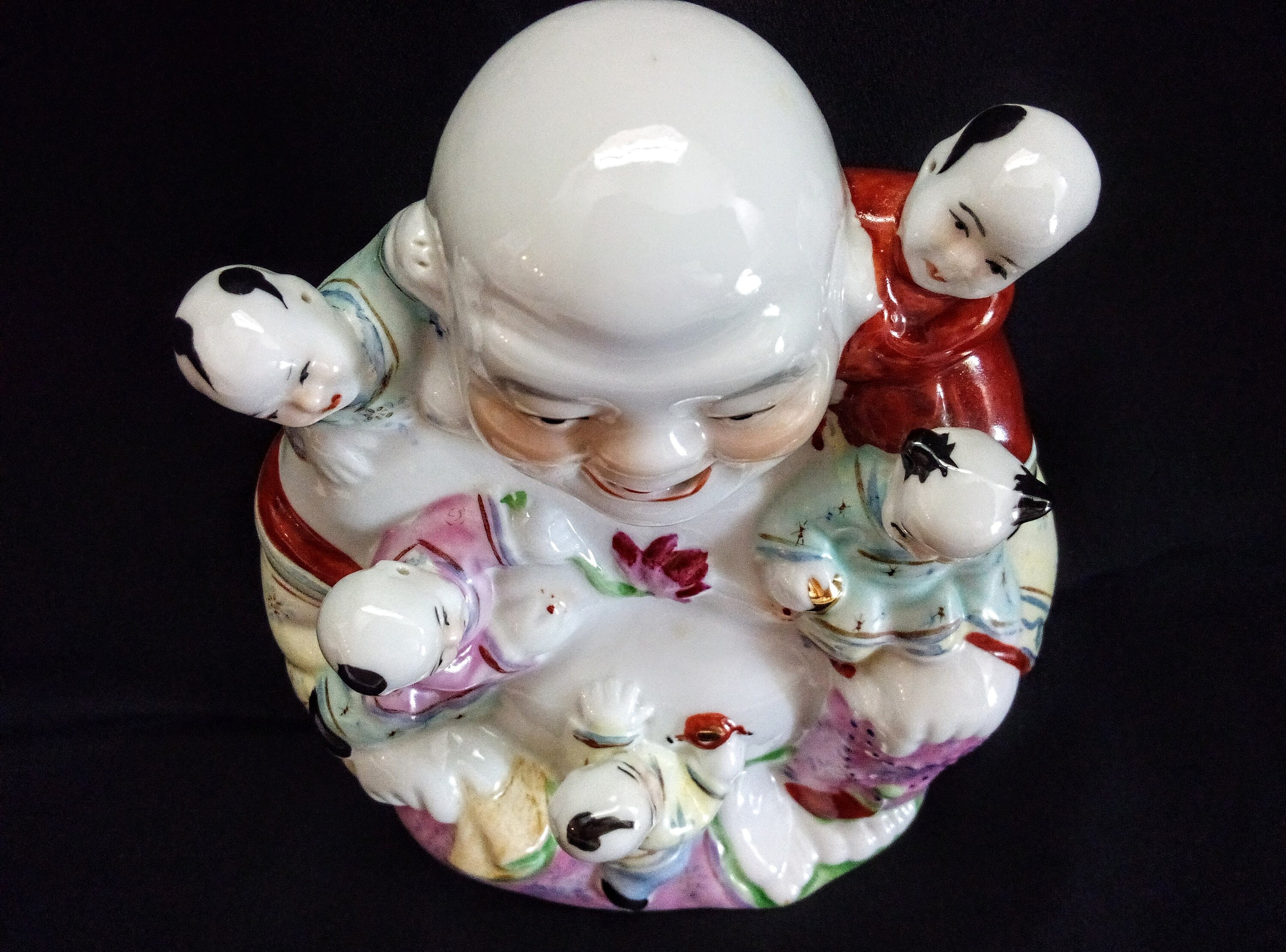 Vintage Laughing Buddha With Children, Porcelain Famille Rose 5.5