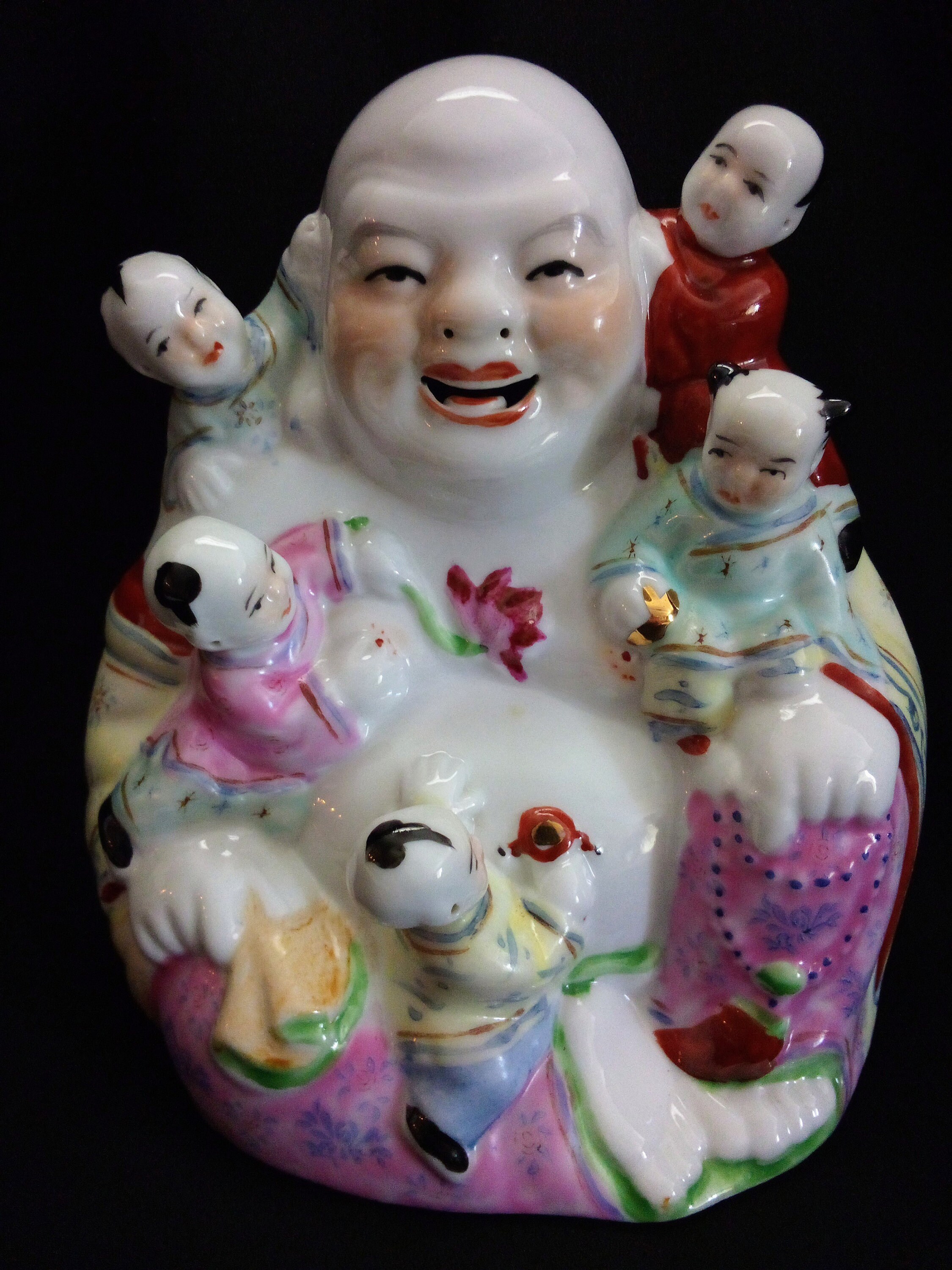 Vintage Laughing Buddha With Children, Porcelain Famille Rose 5.5