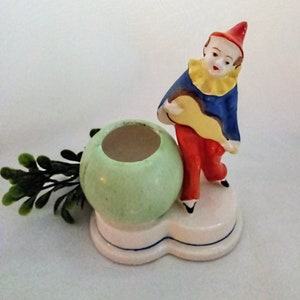 Vintage Pierrot Figurine Toothpick, Matchstick Holder, Pierrot Playing Mandolin Ceramic Figurine