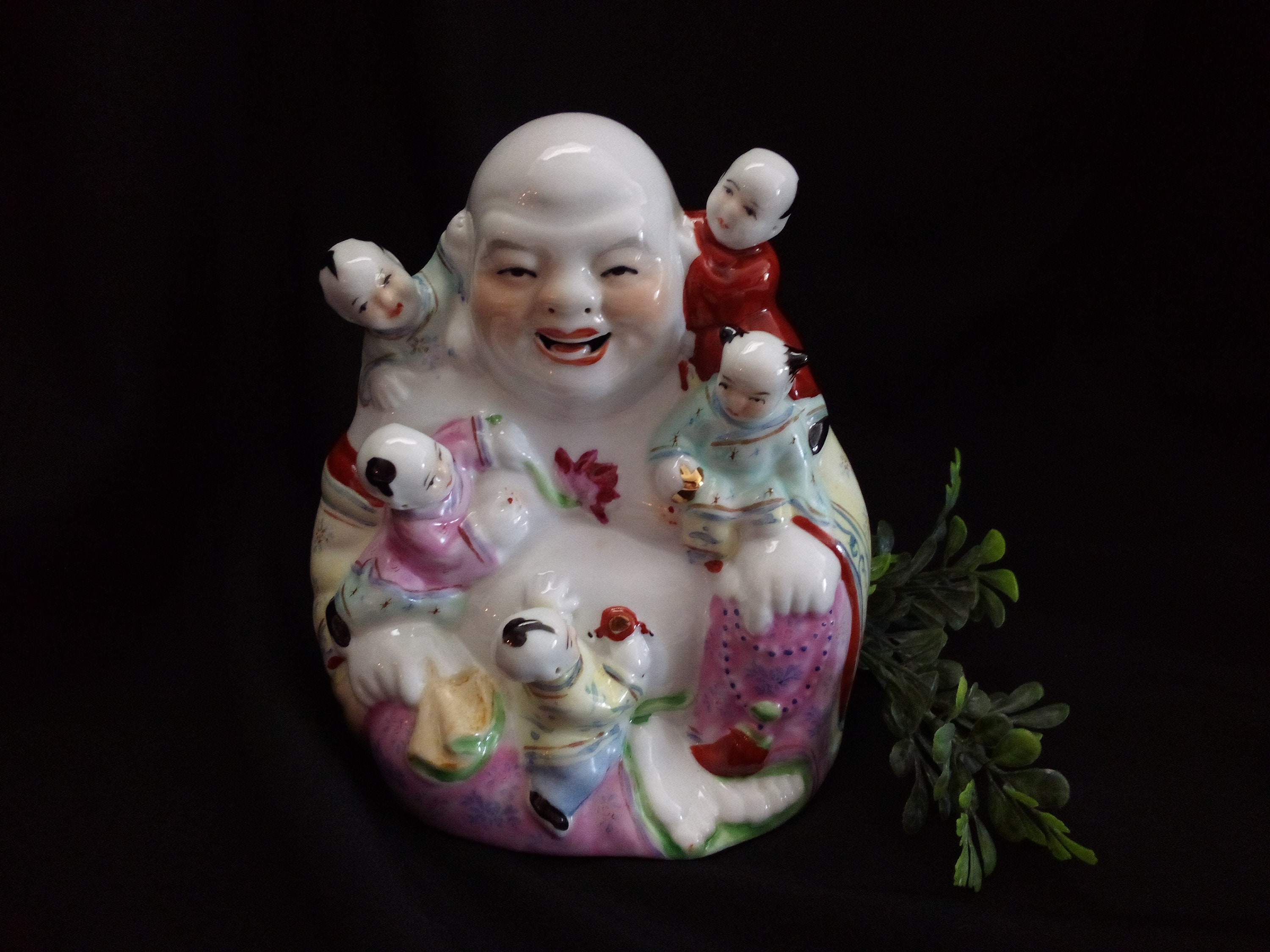 Vintage Laughing Buddha With Children, Porcelain Famille Rose 5.5