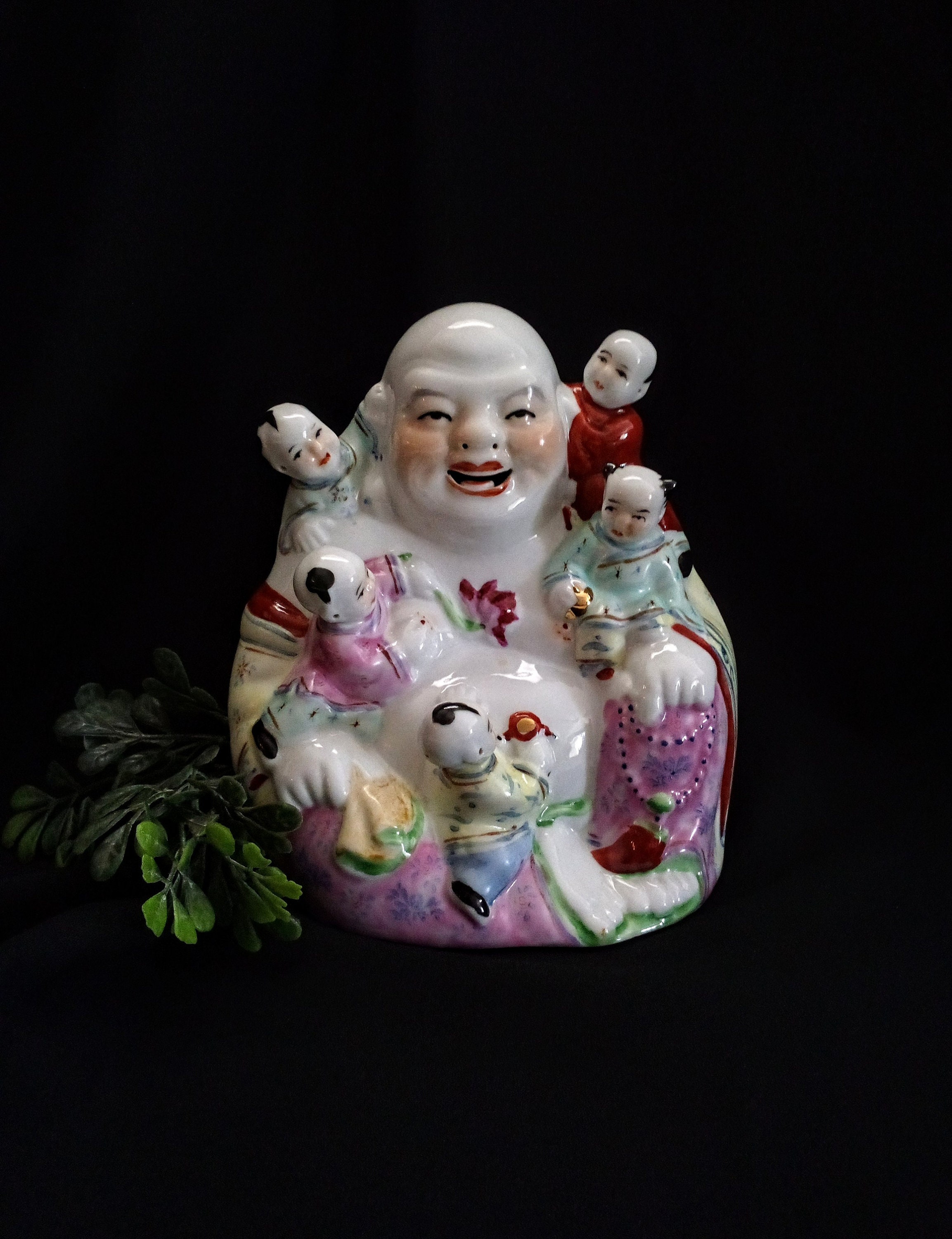 Vintage Laughing Buddha With Children, Porcelain Famille Rose 5.5