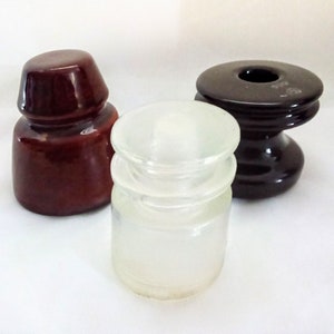 Set of 3 Vintage Ceramic and Glass Insulators, Ceramic Telephone Insulators