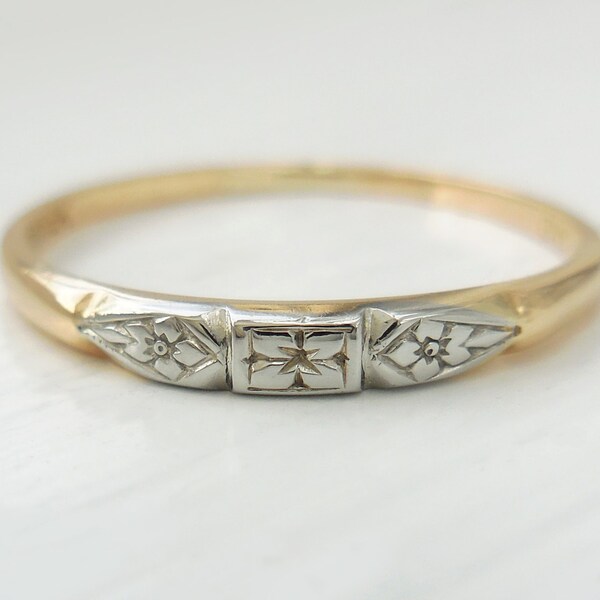 Antique art deco floral band ring, 14k yellow & 18k white gold, 1930s, size 6