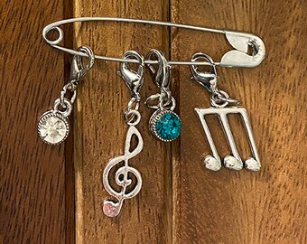 Music Notes, Treble Clef & Rhinestones Stitch Marker Charm Set for Crochet and Knitting