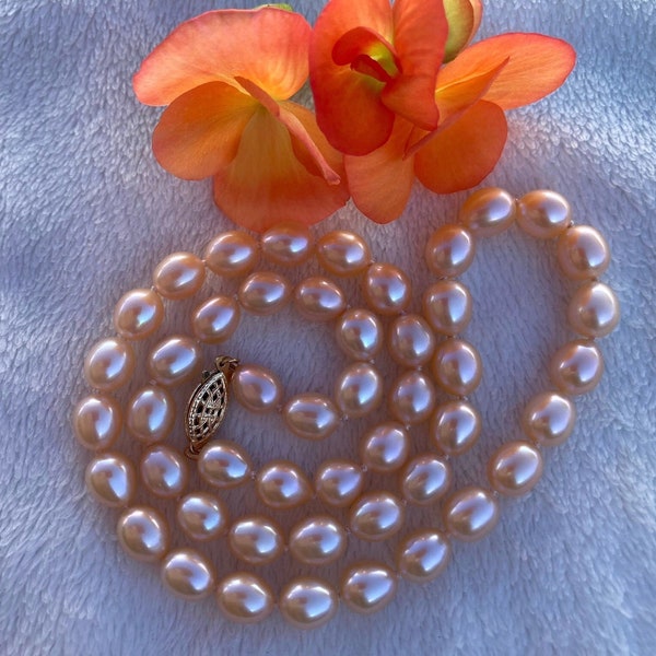 AAA Freshwater pearl set: necklace, bracelet, Peach pink natural colour rice shaped 6.5-7mm genuine pearls, 14k gold filled clasp