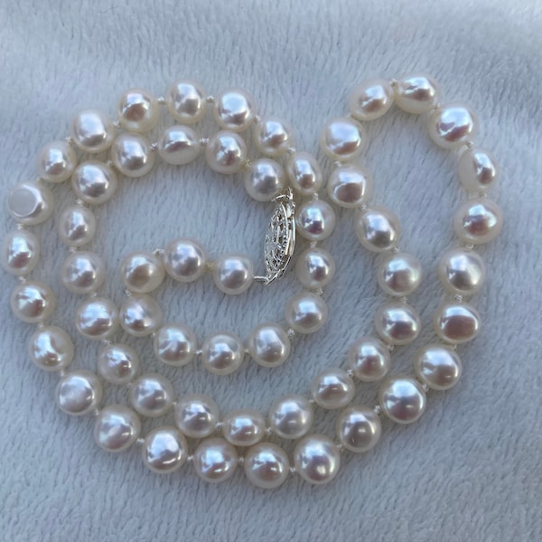 Freshwater pearl necklace, AAA baroque shaped 6.5-7mm white genuine pearls, 18.5 inches, Hand knotted, Sterling silver fish hook clasp