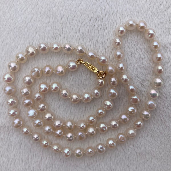 Freshwater pearl necklace, AAA potato to baroque shape white 4.5-5mm genuine pearls, 18 inch, Hand knotted, Gold plated silver lobster clasp