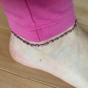 Freshwater pearl anklet, Bright purplish pink dyed colour 2.5-3mm rice shaped genuine pearls, Hand knotted, Sterling silver lobster clasp