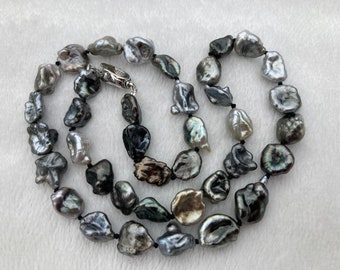 Tahitiaanse keshi-parelketting, zilvergrijs zwart natuurlijke kleuren echte zoutwaterparels, 18 inch, handgeknoopt, sterlingzilveren sluiting