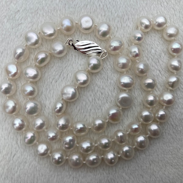 Freshwater pearl necklace, AAA baroque shaped 6.5-7mm white genuine pearls, 18 inches, Hand knotted, Sterling silver fish hook clasp