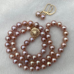 Freshwater pearl necklace earrings set, AA+ round pink natural colour 7-7.5mm genuine pearls, Hand knotted, 14k gold filled filigree clasp
