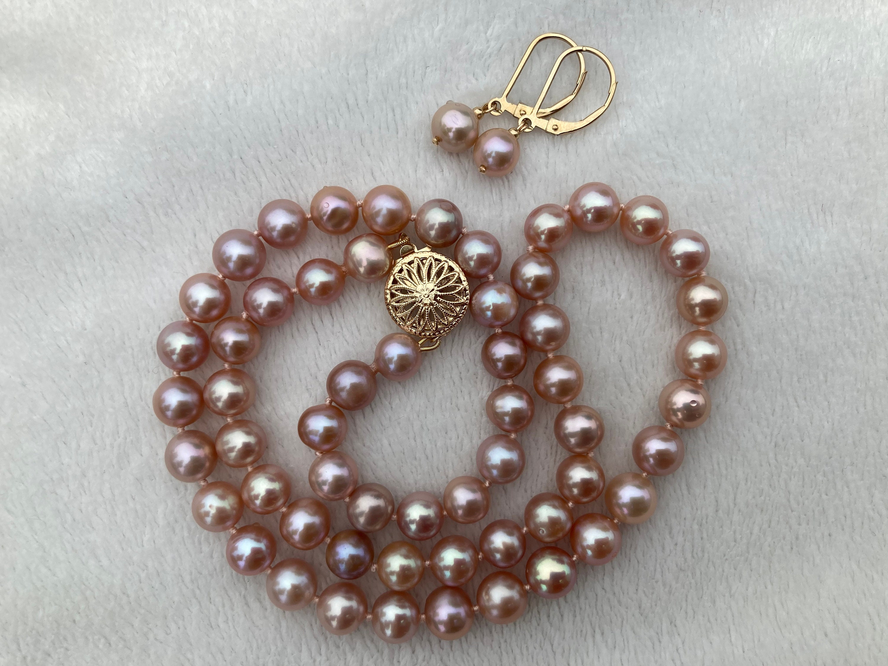 Freshwater pearl necklace earrings set, AA+ round pink natural colour 7-7.5mm genuine pearls, Hand knotted, 14k gold filled filigree clasp