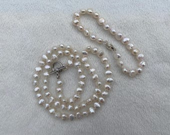 Freshwater pearl necklace, bracelet set; White baroque shaped 5-6mm genuine pearls, 19.5 inches, Hand knotted, Toggle clasp, Lobster clasp