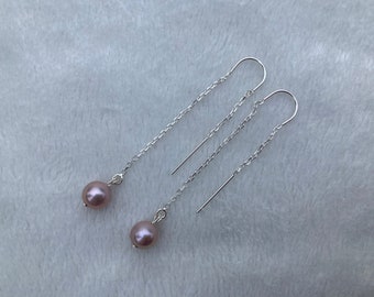 Freshwater pearl sterling U-threader cable chain earrings, AAA round light purple lavender natural colour 6.5-7mm genuine pearls
