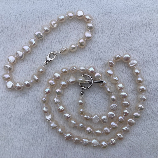 Freshwater pearl necklace, bracelet set; White baroque shaped 5-6mm genuine pearls, 19 inches, Hand knotted, Toggle clasp, Lobster clasp