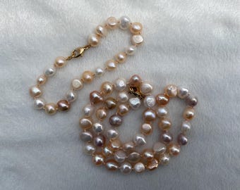 Freshwater pearl necklace bracelet set, 3 tone pink purple white natural colours baroque shaped genuine pearls, Hand knotted, Toggle clasp