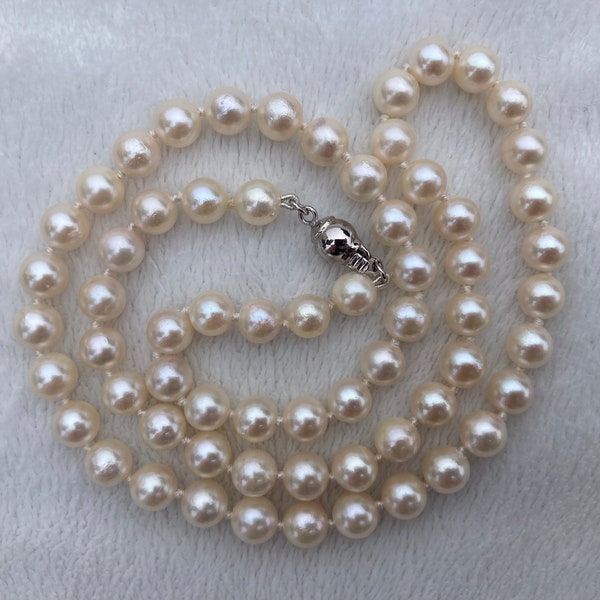 Akoya pearl necklace, Creamy white round 6-6.5mm genuine cultured saltwater pearls, 18.5 inches, Hand knotted, Sterling silver ball clasp