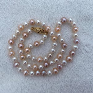 淡水真珠チョーカーネックレス、3トーンパープルピンクホワイトナチュラルカラーの小さな5〜6mmポテトシェイプ本真珠、15.5インチ、手結び