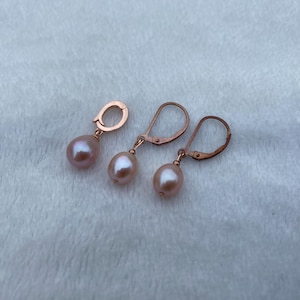 Freshwater pearl earrings and pendant/pearl enhancer set, Pink natural colour drop pear/rice shaped 8mm genuine pearls, Rose gold plated
