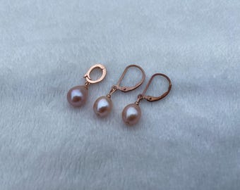 Freshwater pearl earrings and pendant/pearl enhancer set, Pink natural colour drop pear/rice shaped 8mm genuine pearls, Rose gold plated